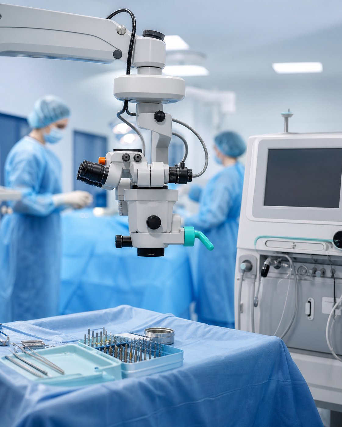 Imagem ilustrativa de microscópio e equipamentos para cirurgia de catarata